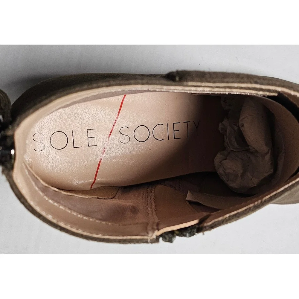 Sole‎ Society River Army Cow Suede Ankle Booties Side Zip Block Heel Womens 6.5M